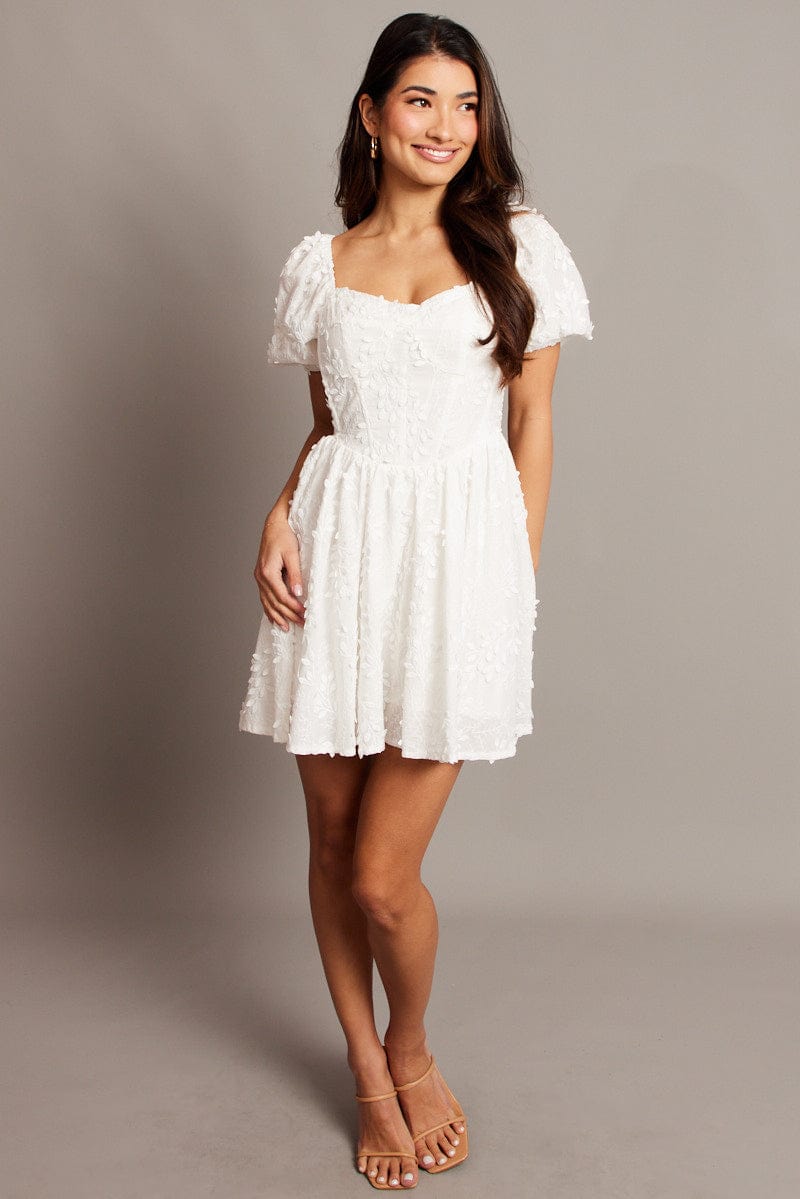 White Fit And Flare Dress Puff Sleeve Mini for Ally Fashion