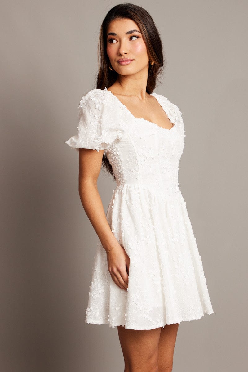 White Fit And Flare Dress Puff Sleeve Mini for Ally Fashion