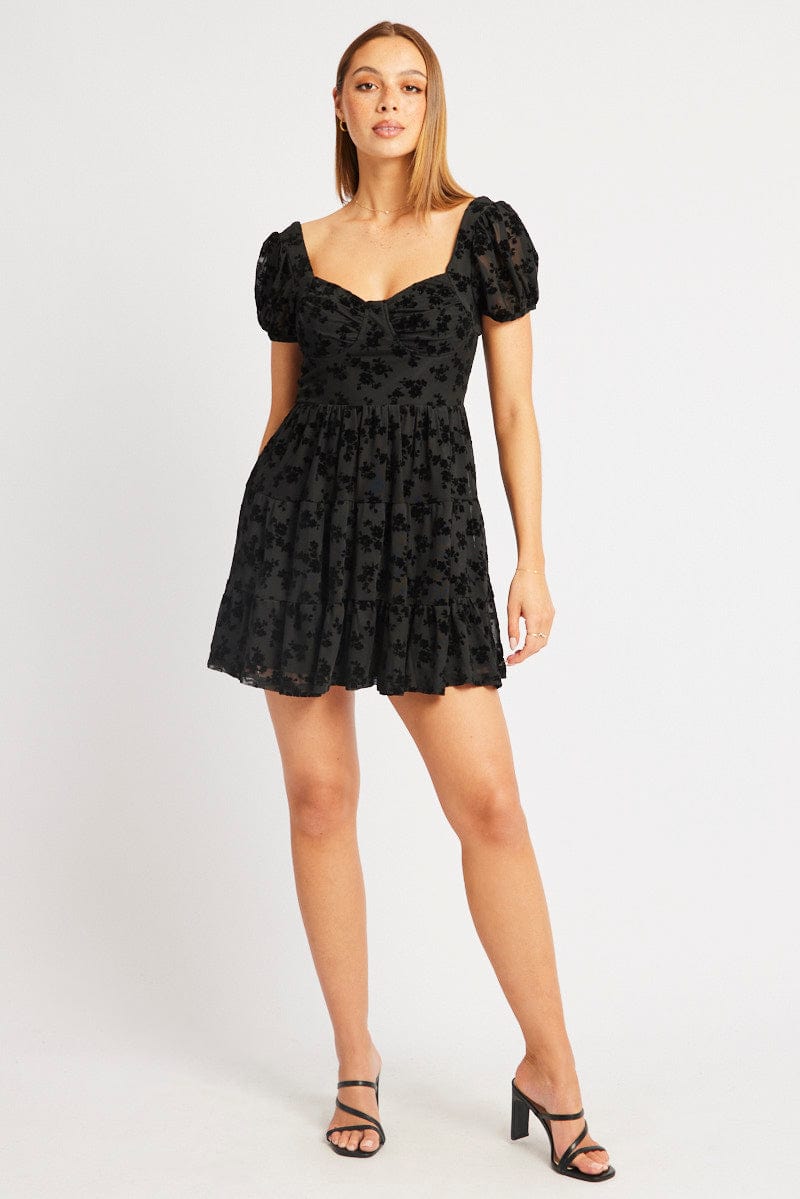 Black Fit And Flare Dress Mini Burn Out for Ally Fashion