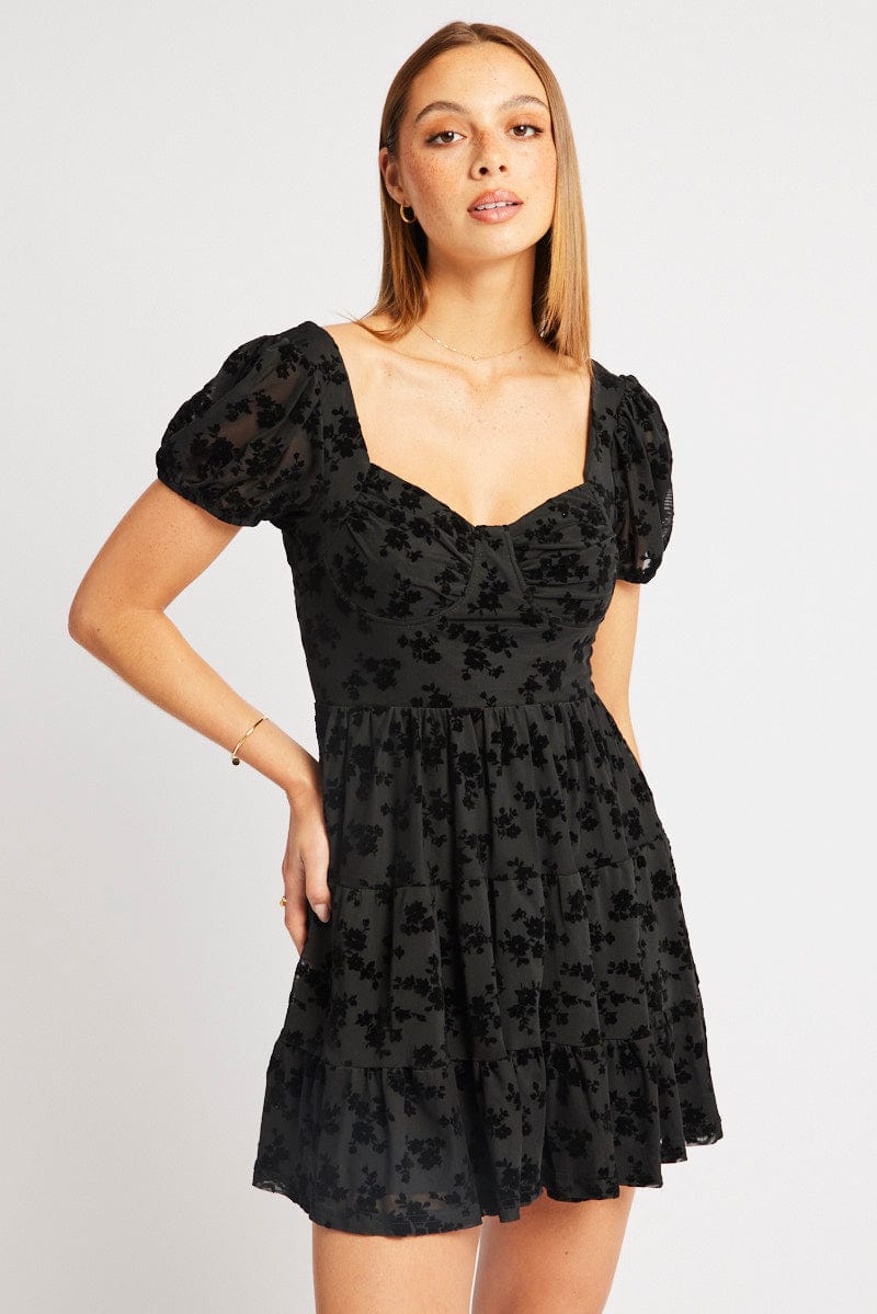 Black Fit And Flare Dress Mini Burn Out for Ally Fashion