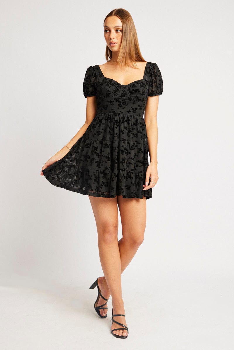 Black Fit And Flare Dress Mini Burn Out for Ally Fashion