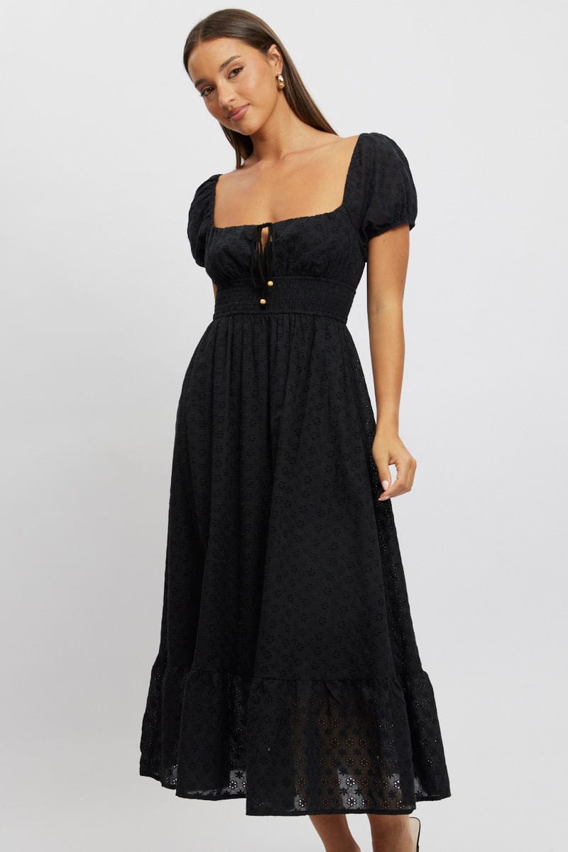 Black Maxi Dress Puff Sleeve Eyelet Fabric for Ally Fashion