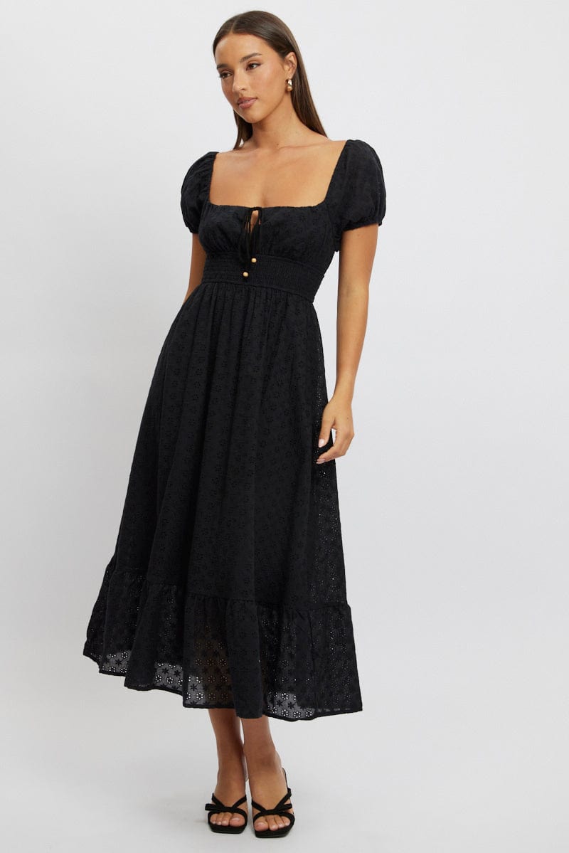 Black Maxi Dress Puff Sleeve Eyelet Fabric for Ally Fashion