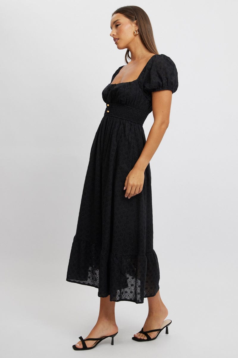 Black Maxi Dress Puff Sleeve Eyelet Fabric for Ally Fashion