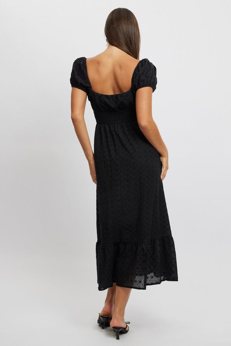 Black Maxi Dress Puff Sleeve Eyelet Fabric for Ally Fashion