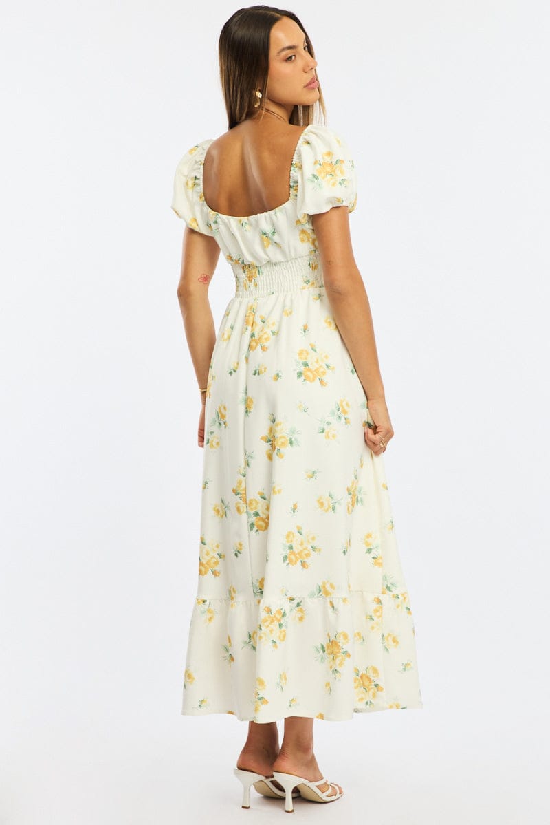 Yellow Floral Maxi Dress Puff Sleeve for Ally Fashion