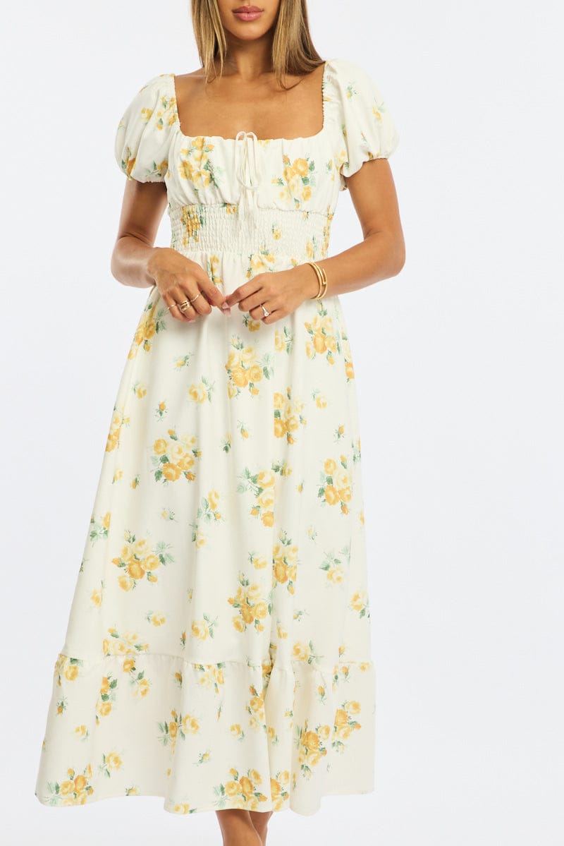 Yellow Floral Maxi Dress Puff Sleeve for Ally Fashion