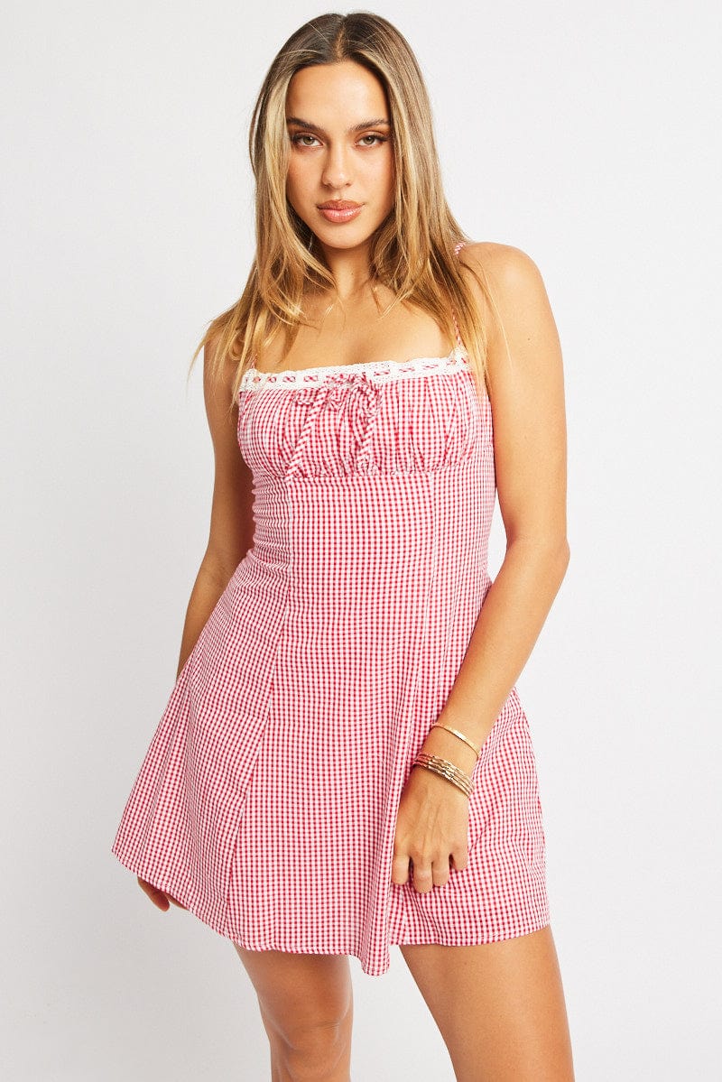 Red Check Mini Dress Strappy for Ally Fashion