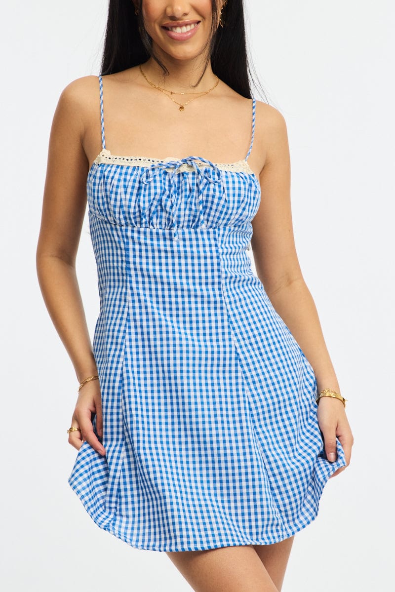 Blue Check Mini Dress Strappy for Ally Fashion