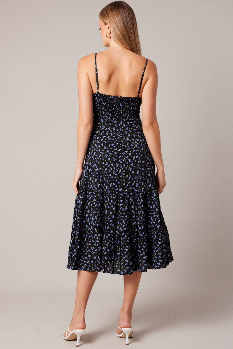 Black Floral Midi Dress Strappy for Ally Fashion