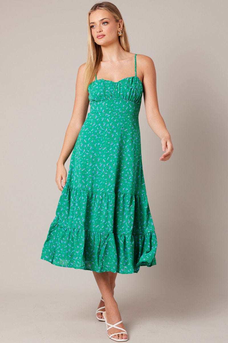 Green Floral Midi Dress Strappy for Ally Fashion