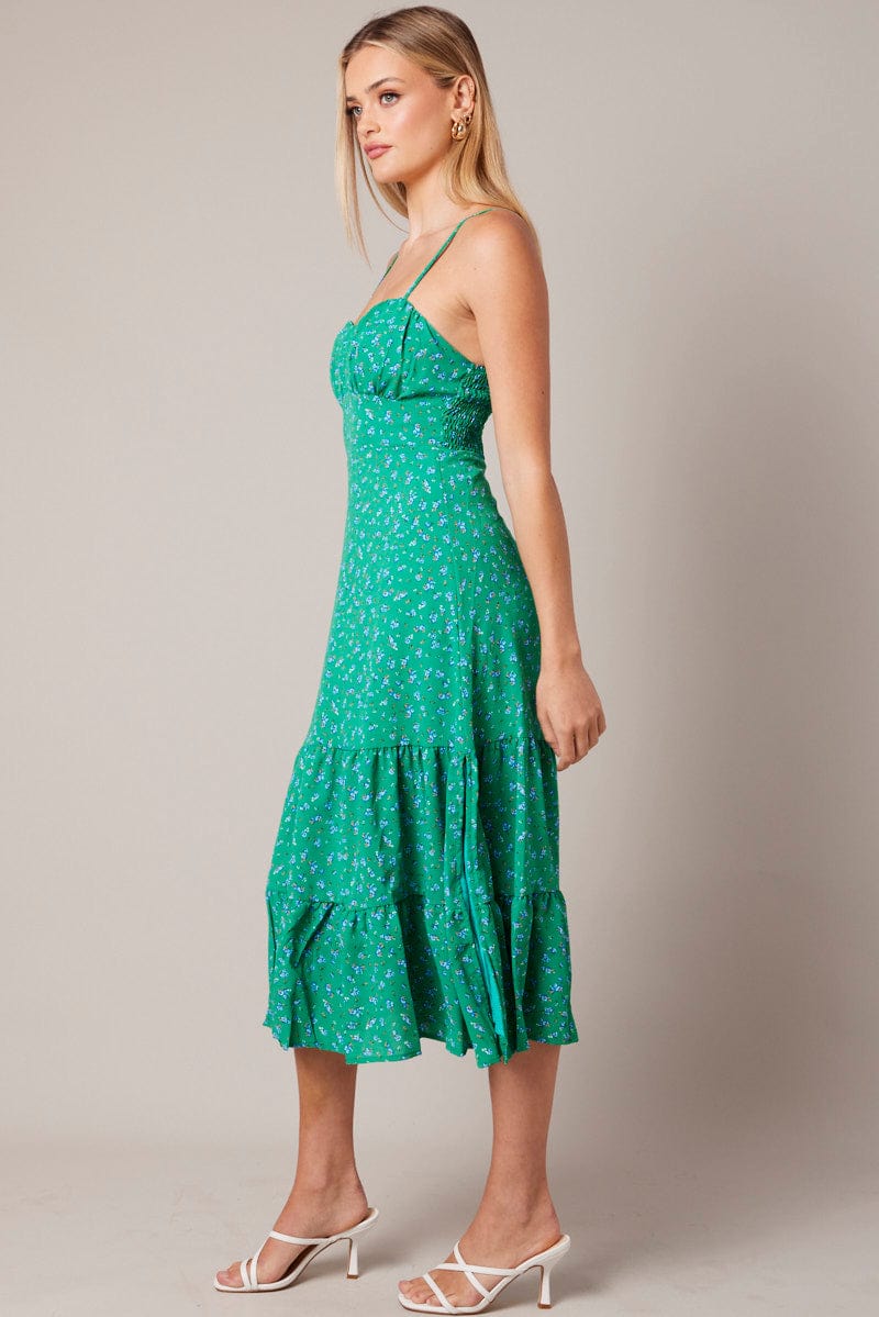 Green Floral Midi Dress Strappy for Ally Fashion