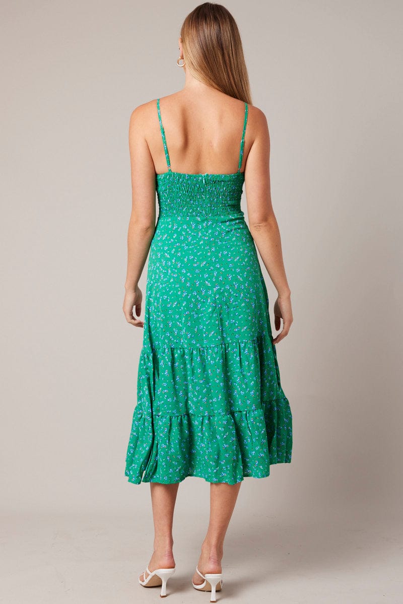 Green Floral Midi Dress Strappy for Ally Fashion