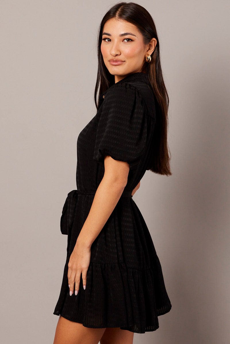 Black Fit And Flare Dress Short Sleeve Mini for Ally Fashion