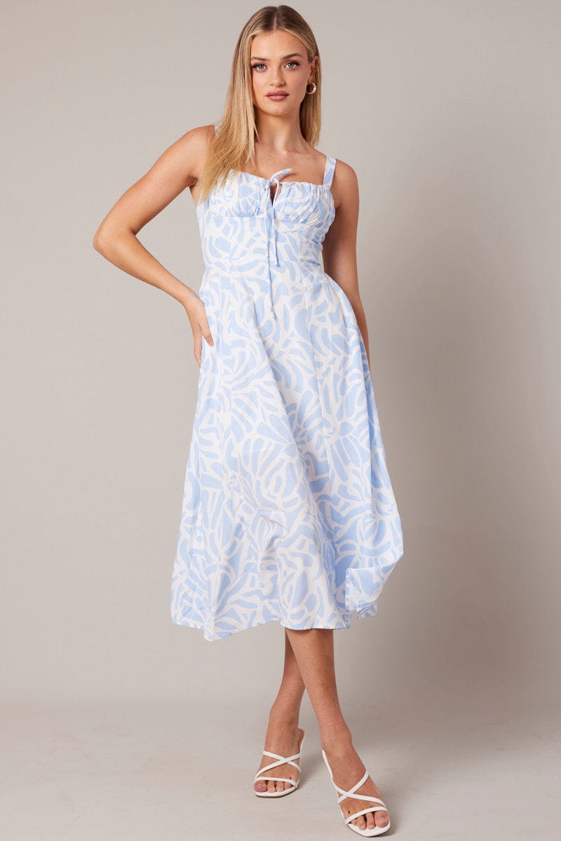 Blue Print Midi Dress Gathered Bust Midi for Ally Fashion