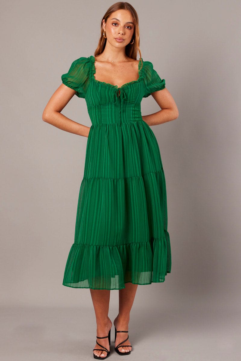 Green Midi Dress Puff Sleeve for Ally Fashion