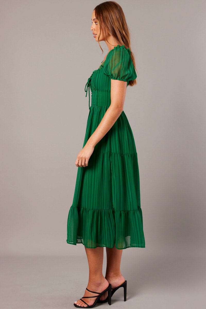 Green Midi Dress Puff Sleeve for Ally Fashion