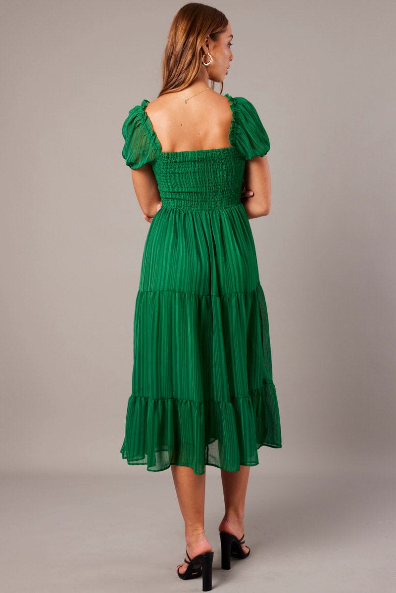 Green Midi Dress Puff Sleeve for Ally Fashion