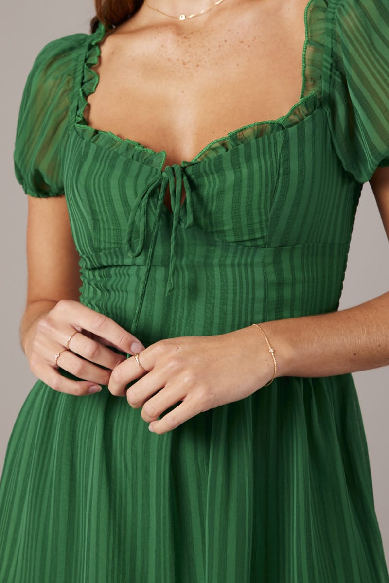 Green Midi Dress Puff Sleeve for Ally Fashion