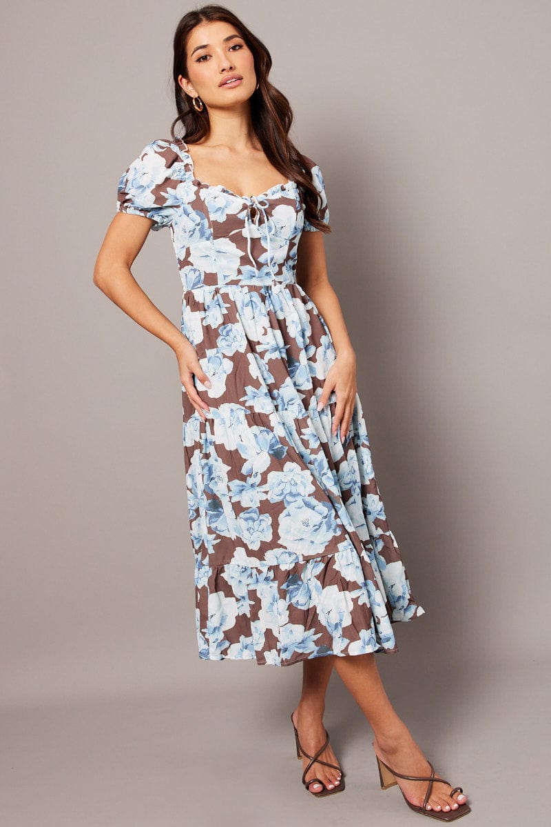 Multi Floral Maxi Dress Puff Sleeve for Ally Fashion