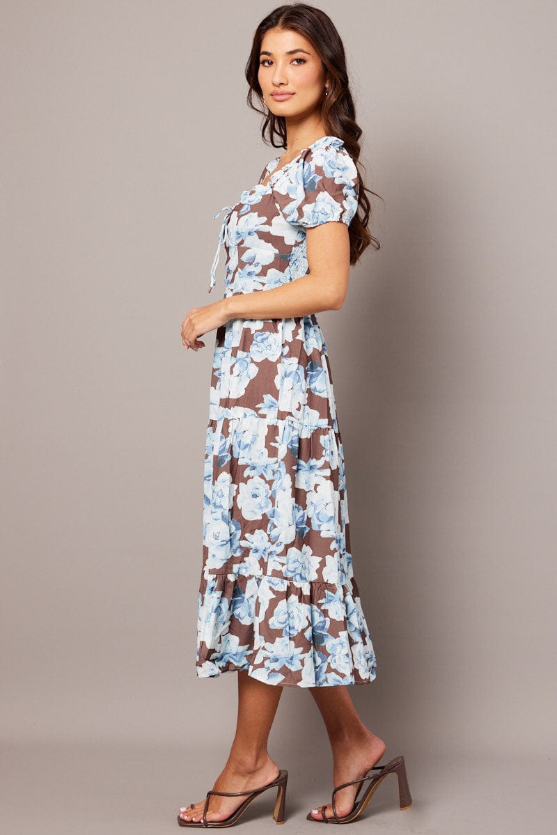 Multi Floral Maxi Dress Puff Sleeve for Ally Fashion
