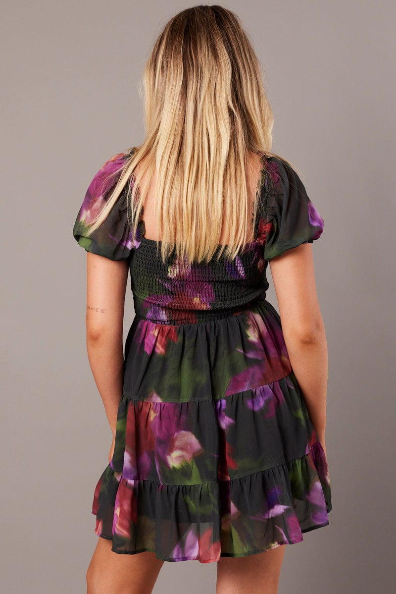 Multi Floral Fit And Flare Dress Puff Sleeve for Ally Fashion