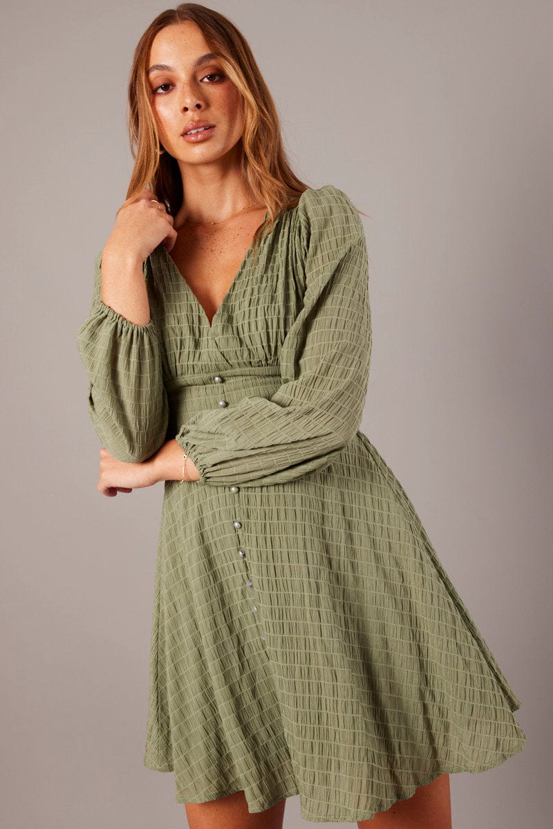 Green Fit And Flare Dress Long Sleeve for Ally Fashion