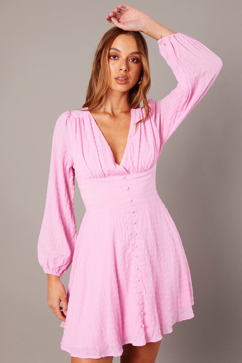 Pink Fit And Flare Dress Long Sleeve for Ally Fashion