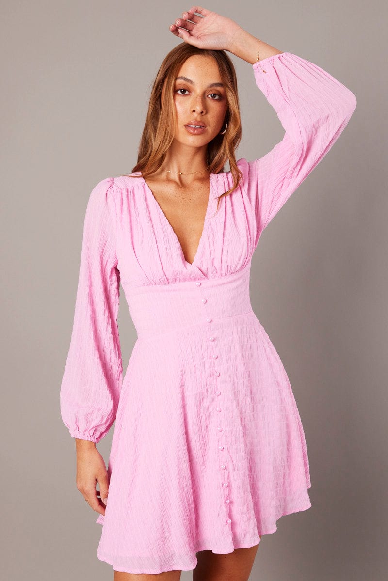Pink Fit And Flare Dress Long Sleeve | Ally Fashion Pink Fit And Flare Dress Long Sleeve | Ally Fashion