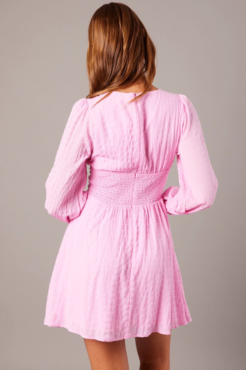 Pink Fit And Flare Dress Long Sleeve | Ally Fashion Pink Fit And Flare Dress Long Sleeve | Ally Fashion