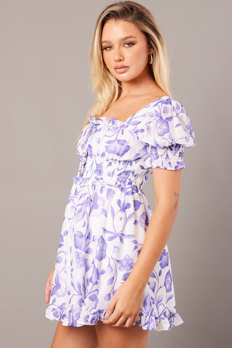 Purple Floral Fit And Flare Dress Puff Sleeve for Ally Fashion