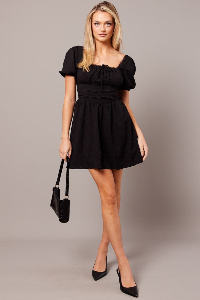 Black Fit And Flare Dress Puff Sleeve | Ally Fashion Black Fit And Flare Dress Puff Sleeve | Ally Fashion