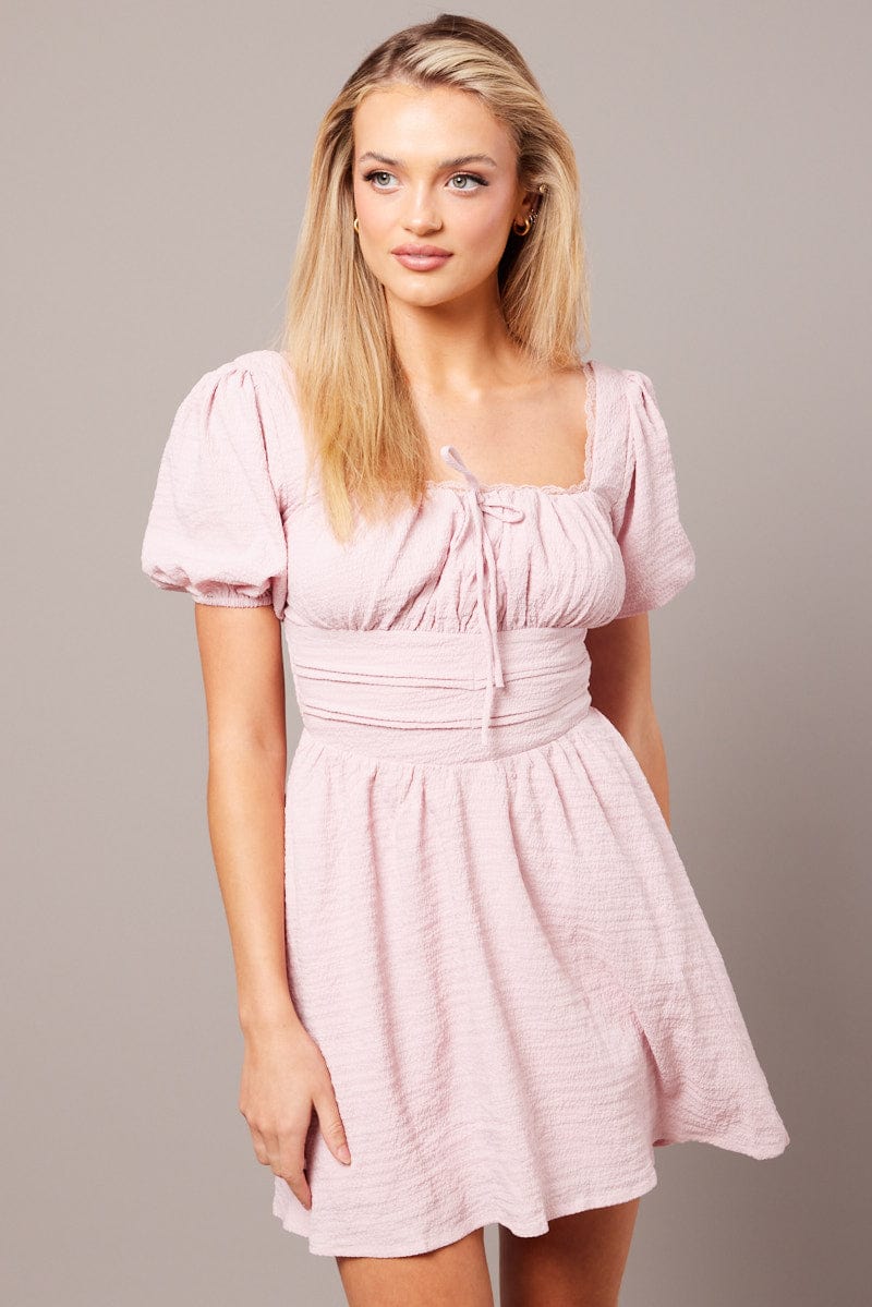 Pink Fit And Flare Dress Puff Sleeve for Ally Fashion