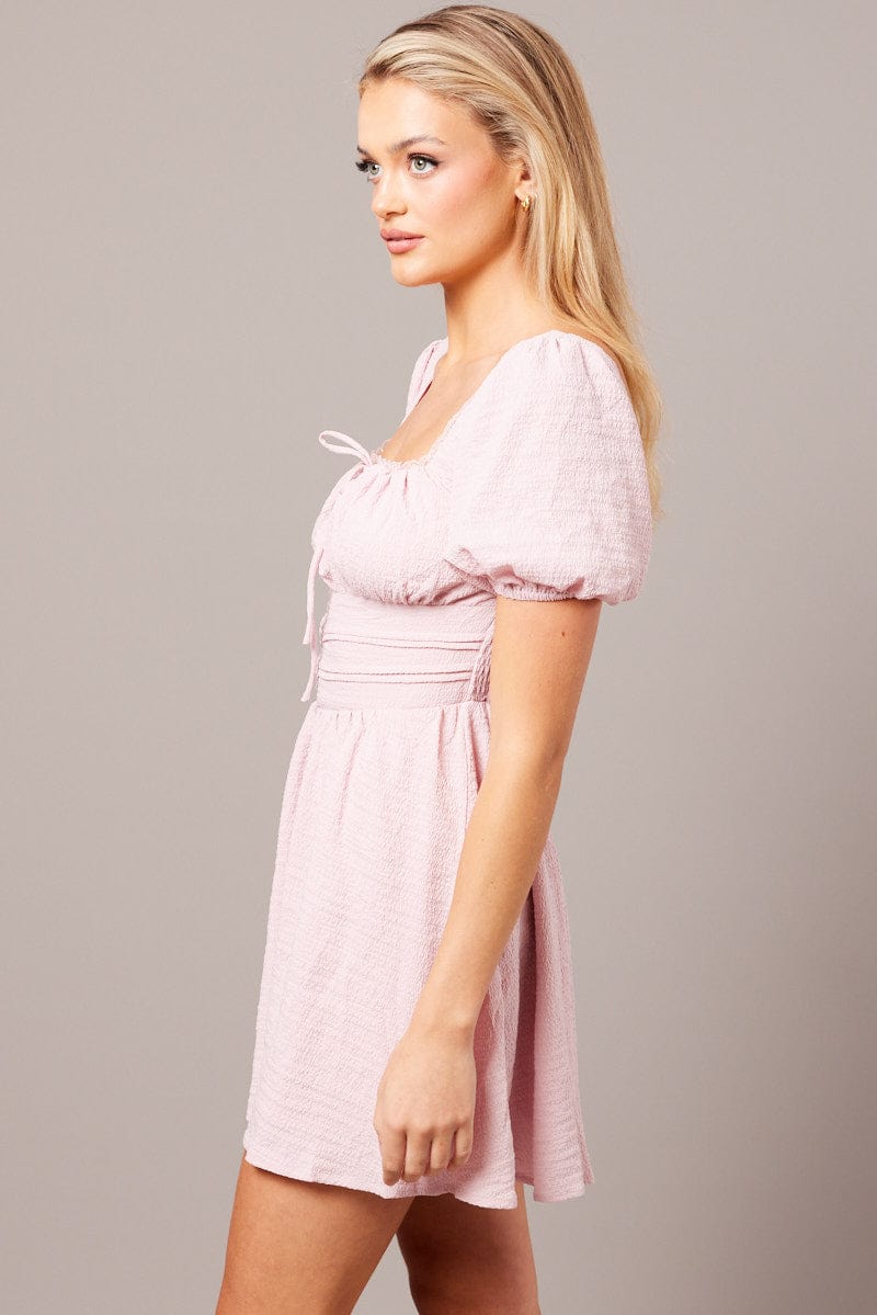 Pink Fit And Flare Dress Puff Sleeve for Ally Fashion