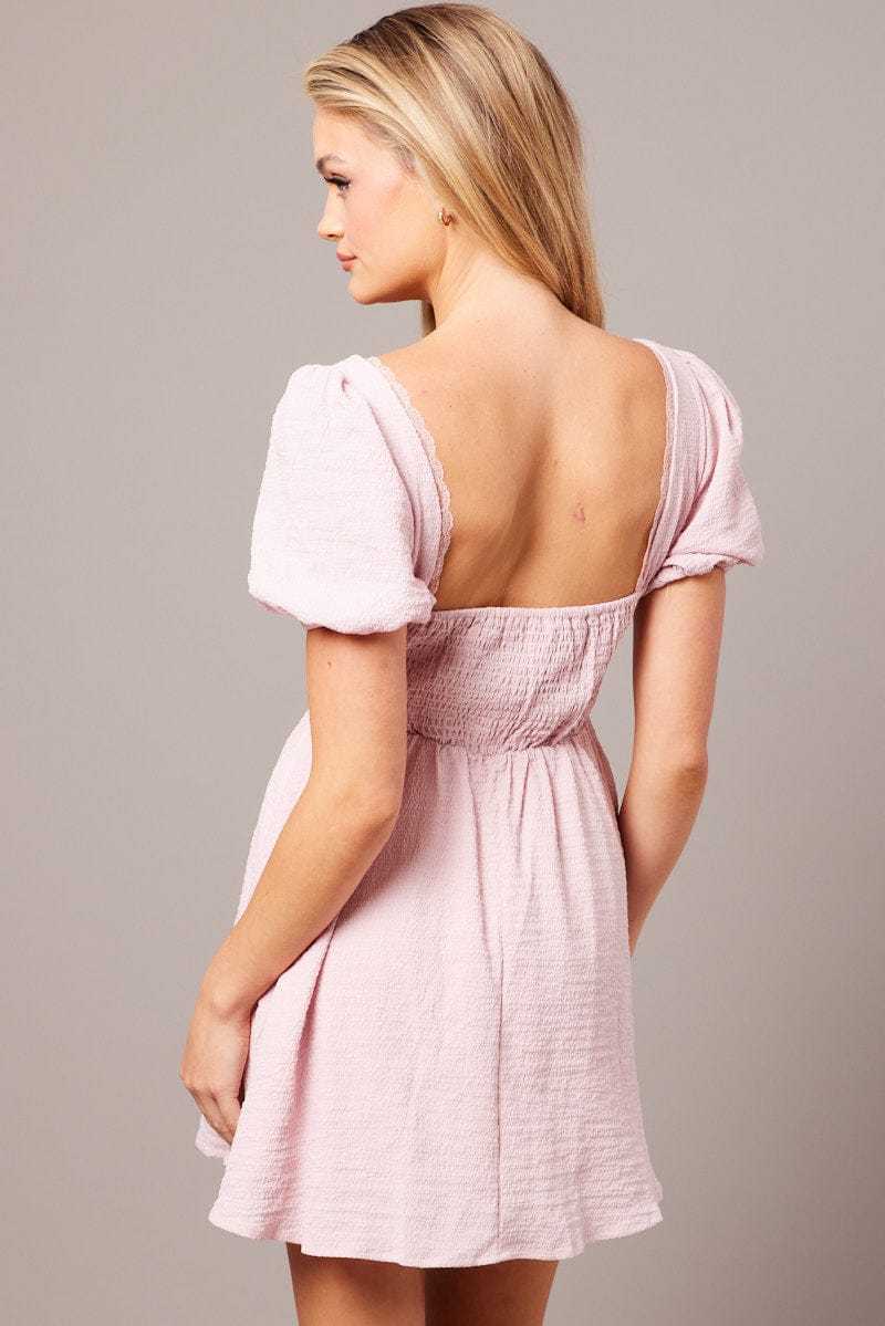 Pink Fit And Flare Dress Puff Sleeve for Ally Fashion