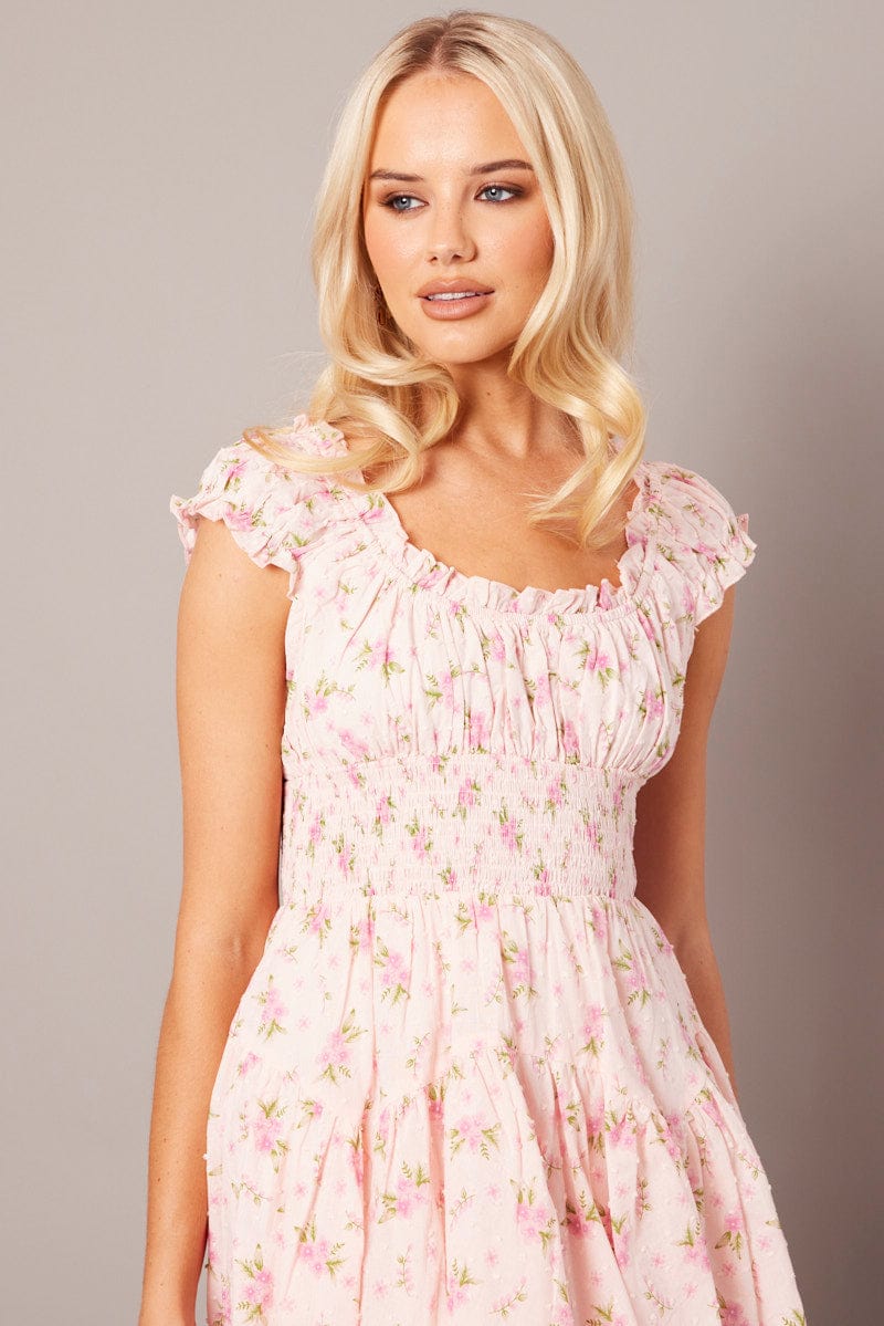 Pink Floral Fit And Flare Dress Puff Sleeve for Ally Fashion