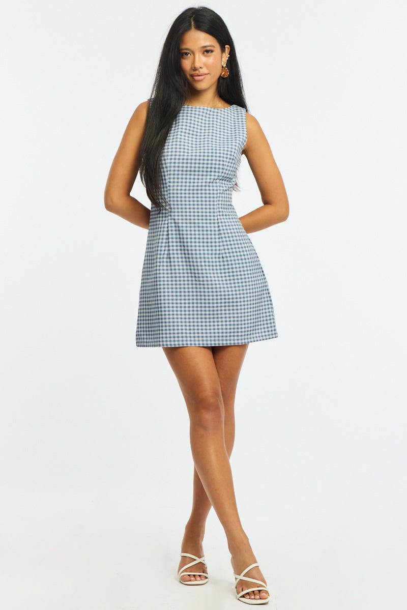 Blue Check Bodycon Dress Mini Check for Ally Fashion