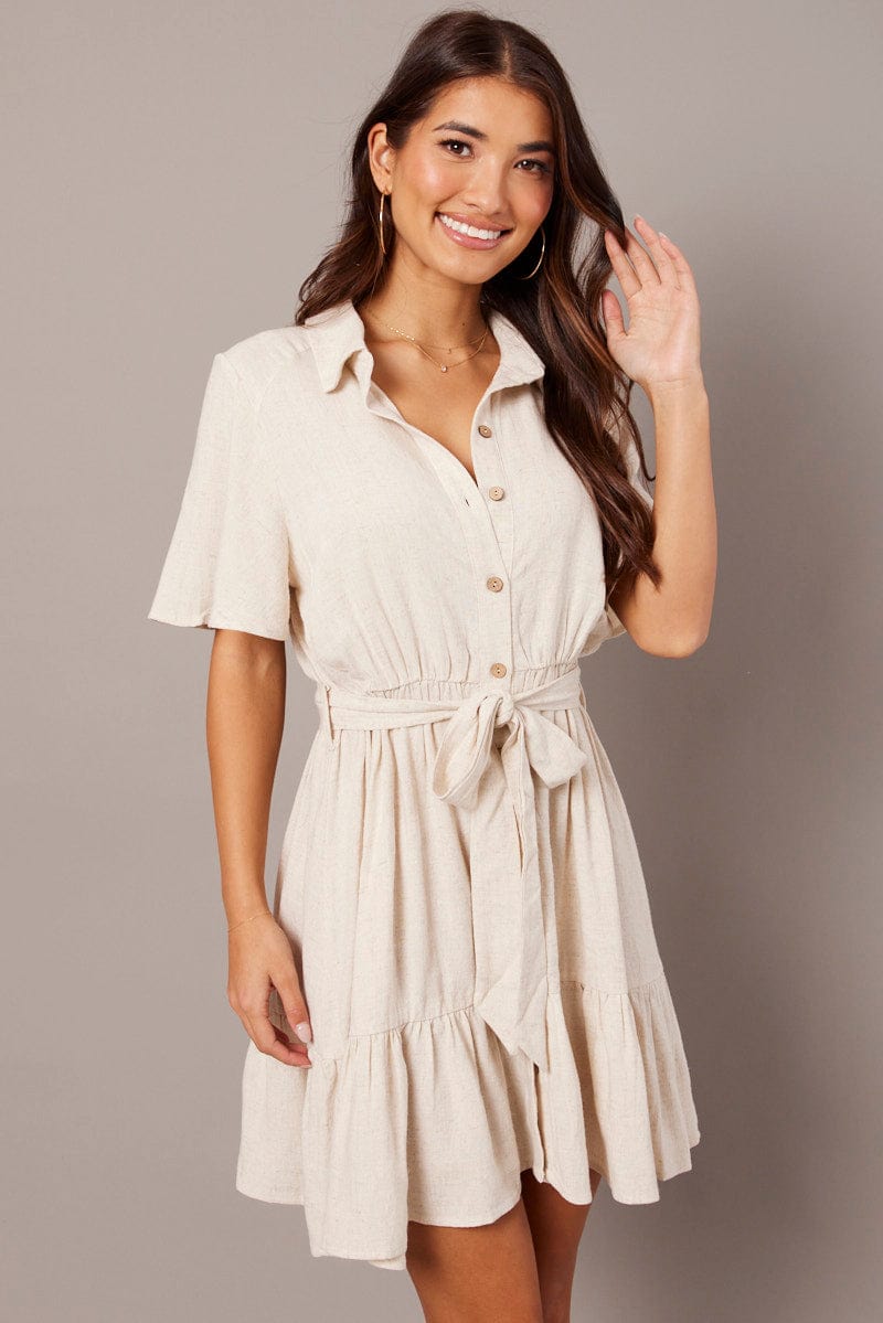 Beige Fit And Flare Dress Wing Sleeve for Ally Fashion