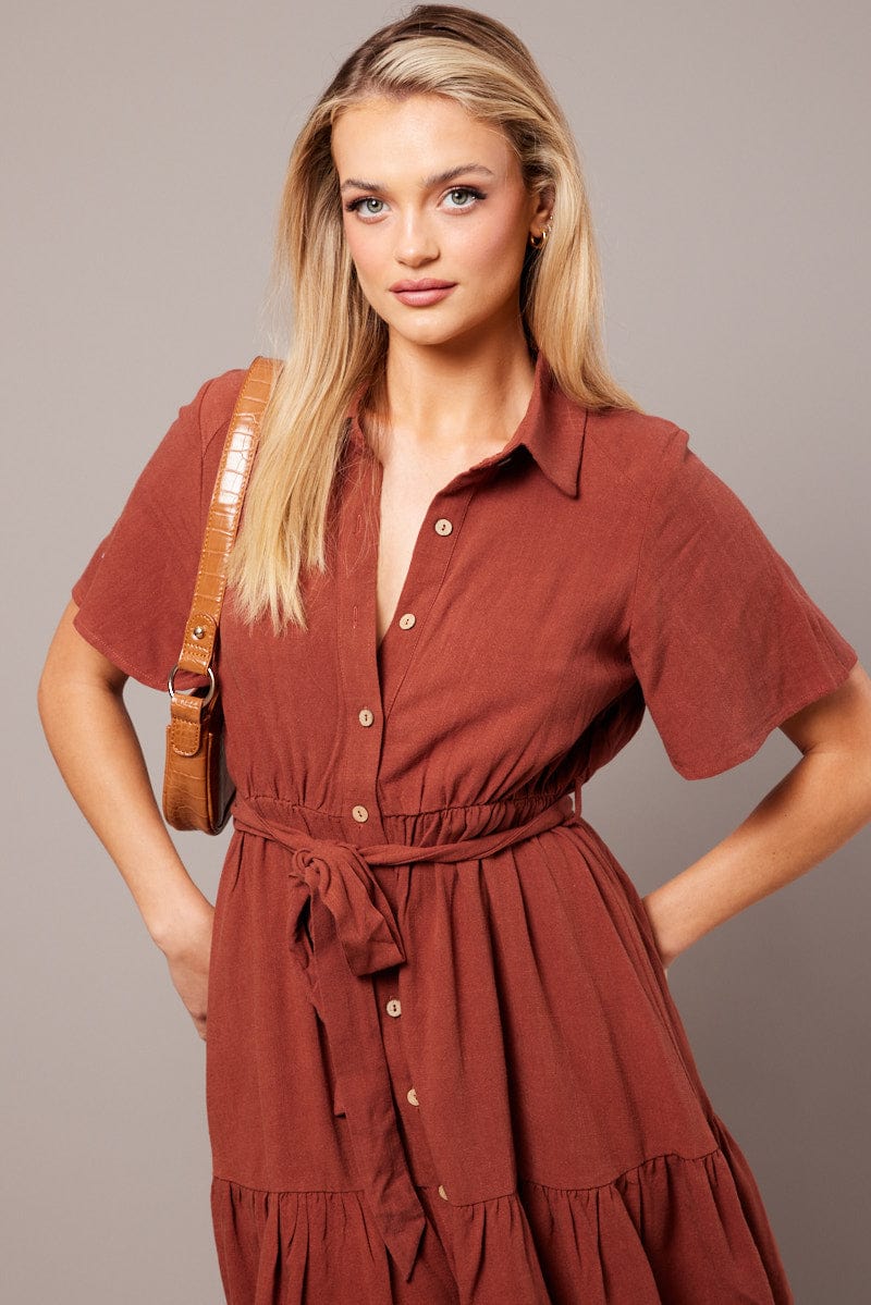 Brown Fit And Flare Dress Wing Sleeve for Ally Fashion