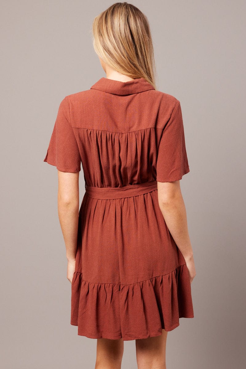 Brown Fit And Flare Dress Wing Sleeve for Ally Fashion