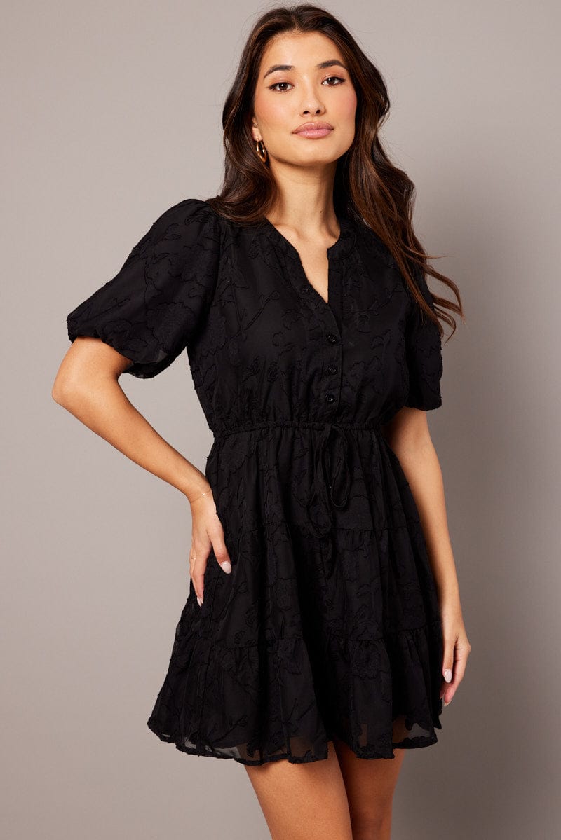 Black Fit And Flare Dress Puff Sleeve Burnout Fabric for Ally Fashion