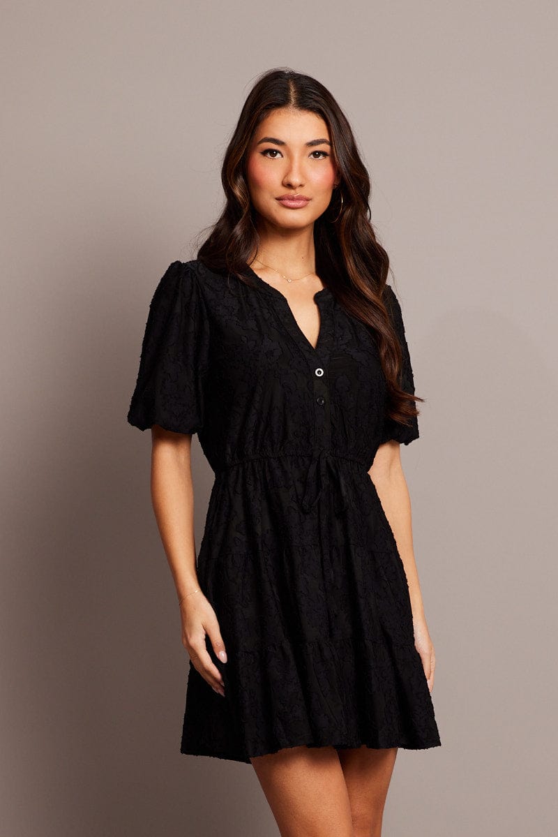 Black Fit And Flare Dress Puff Sleeve Mini Burnout for Ally Fashion