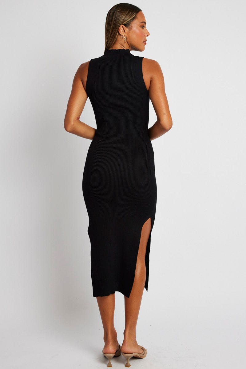 Black Knit Dress High Neck Midi for Ally Fashion