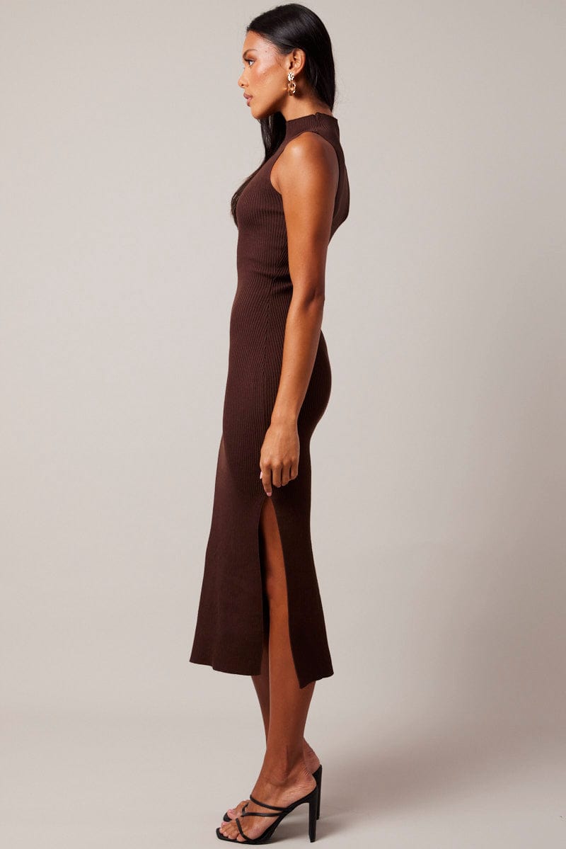 Brown Knit Dress High Neck Midi for Ally Fashion