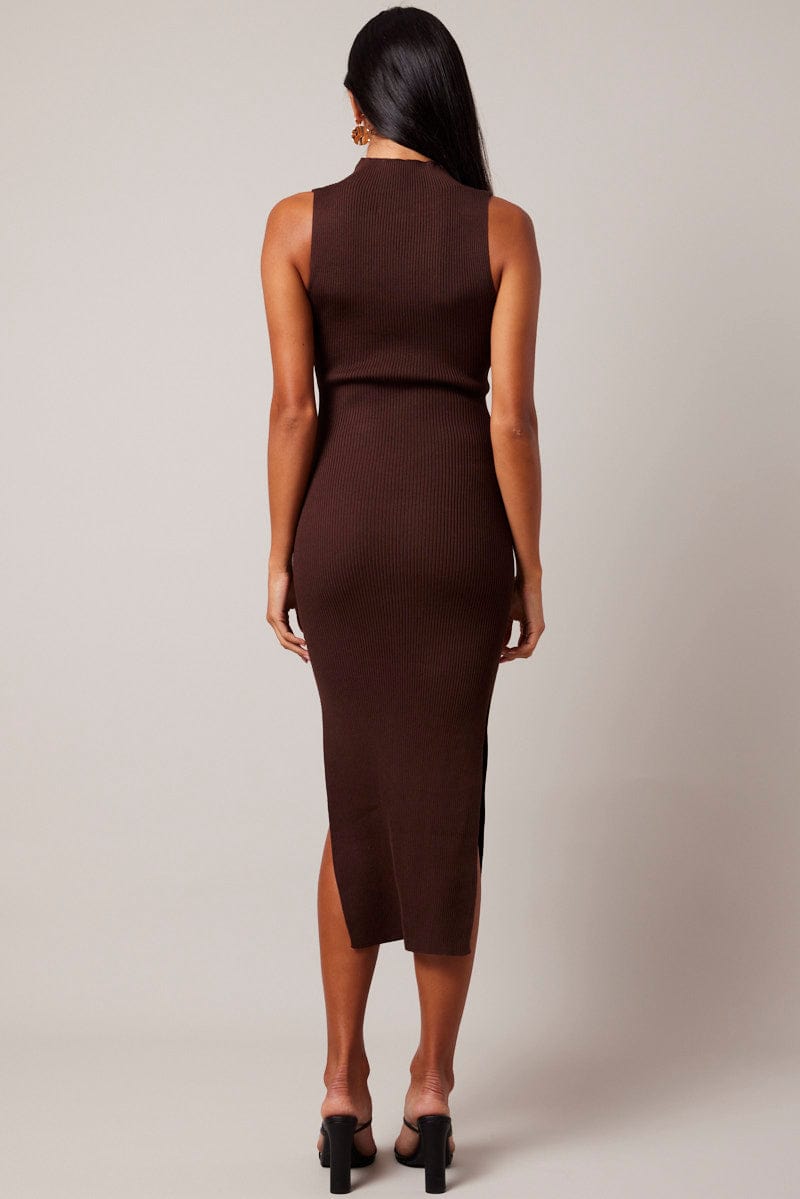 Brown Knit Dress High Neck Midi for Ally Fashion