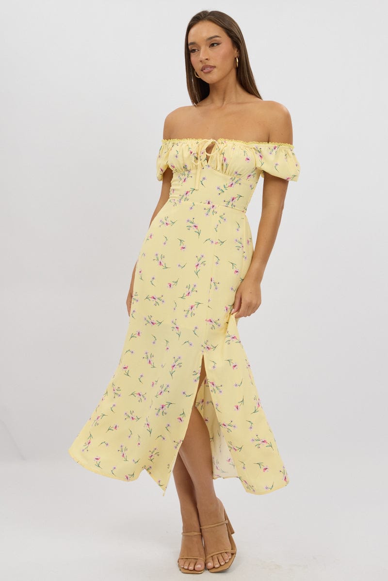 Yellow Floral Midi Dress Ruched Bust | Ally Fashion