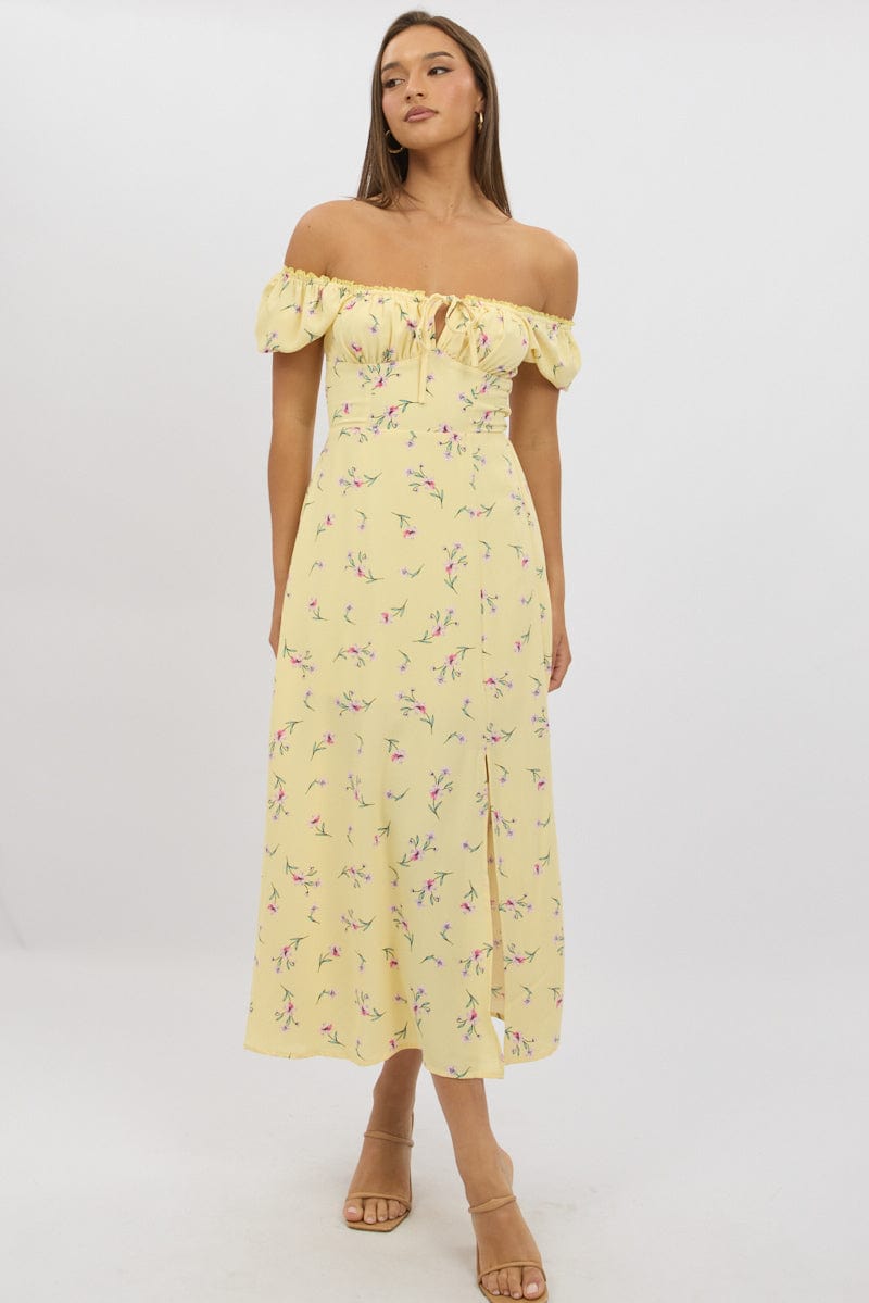 Yellow Floral Midi Dress Ruched Bust | Ally Fashion