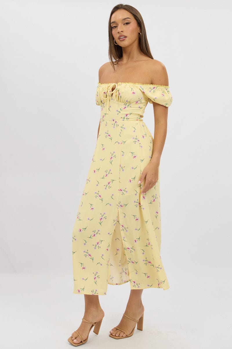 Yellow Floral Midi Dress Ruched Bust | Ally Fashion