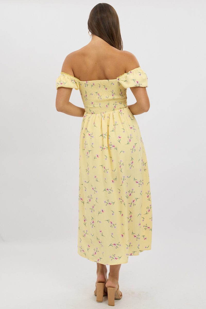 Yellow Floral Midi Dress Ruched Bust | Ally Fashion