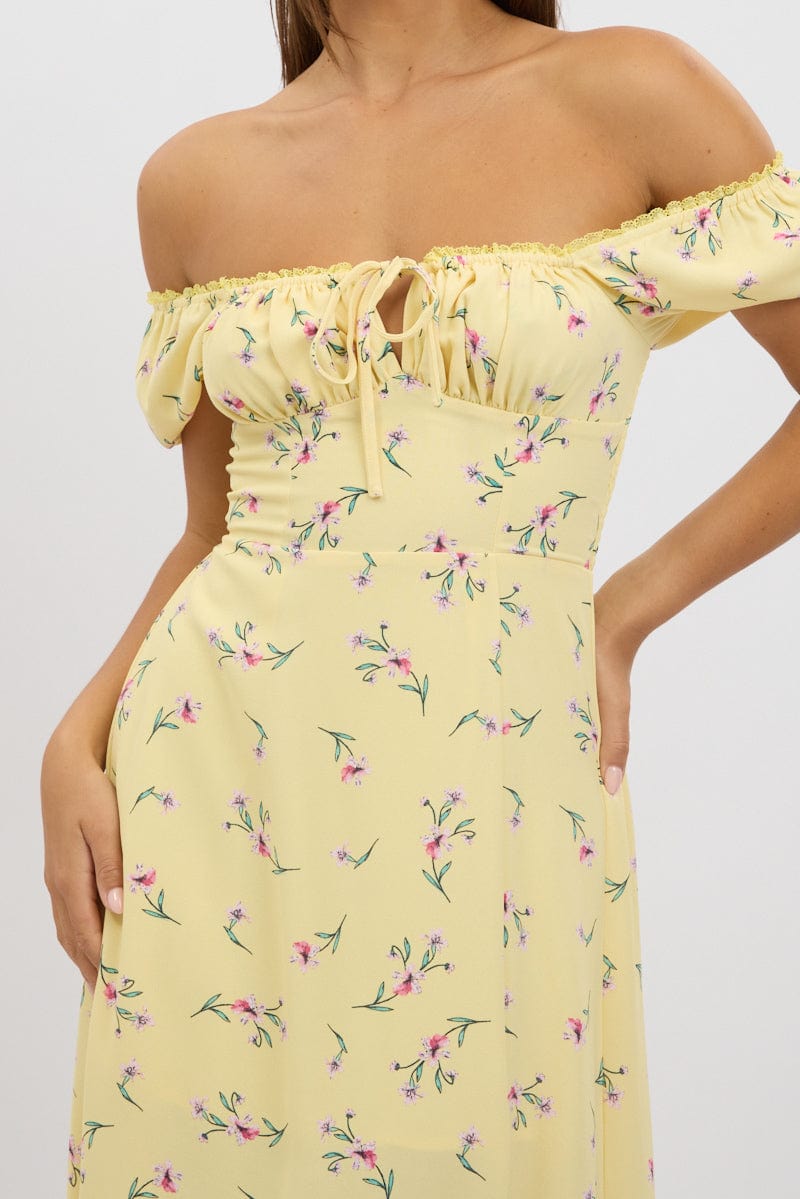 Yellow Floral Midi Dress Ruched Bust | Ally Fashion